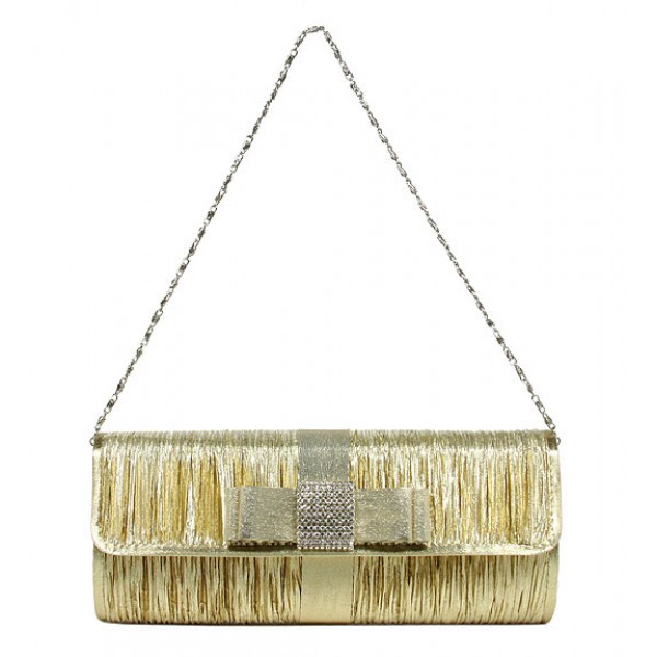 Evening Bag - Pleated Clutch w/ Metal Mesh Accent Bow Flap - Gold - BG-92055G